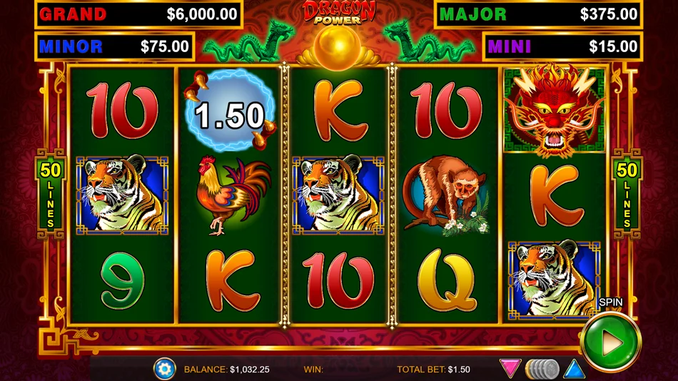 Dragon Link pokie base game 5x3 grid with dragon, tiger and koi fish symbols